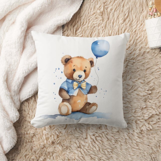 Baby Boy Teddy Bear With Blue Balloon Kudde (Filt)
