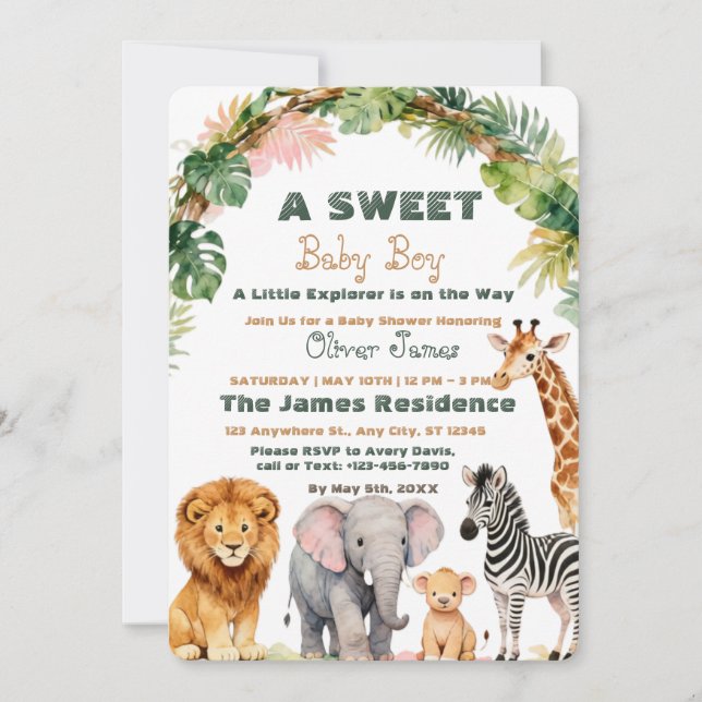 Baby Boy Tropical Jungle Safari Doppinvitation Inbjudningar (Framsida)