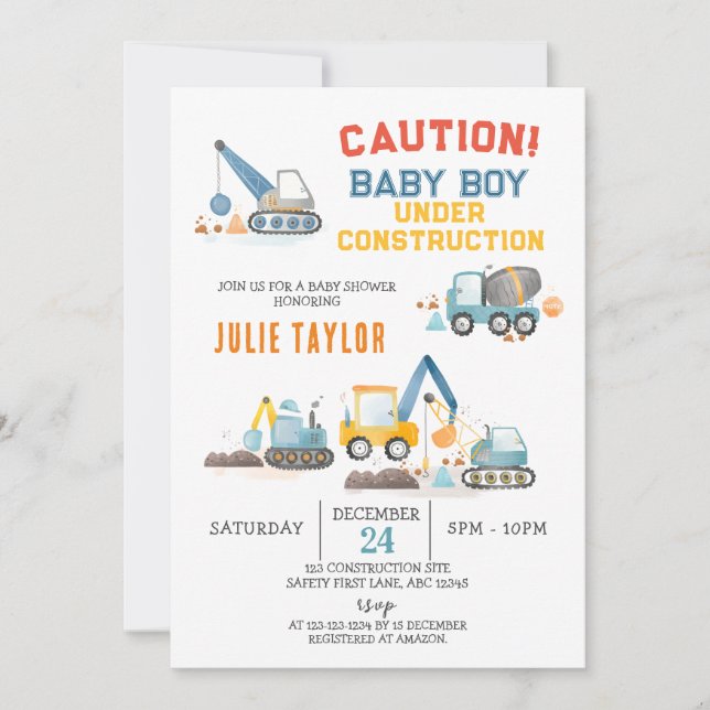 Baby Boy under Construction, Truck Boy Baby Shower Inbjudningar (Framsida)