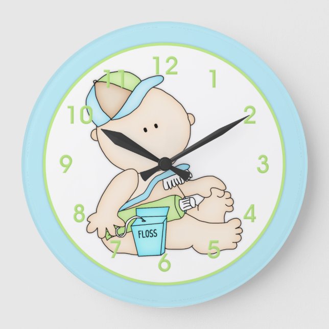 Baby Boy w/Toothbrush & Floss Kid's Wall Clock Stor Klocka (Framsida)