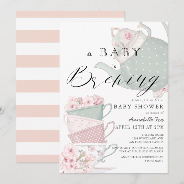 Baby Brev Rosa Tea Party Baby Shower Inbjudningar (Fram/baksida)