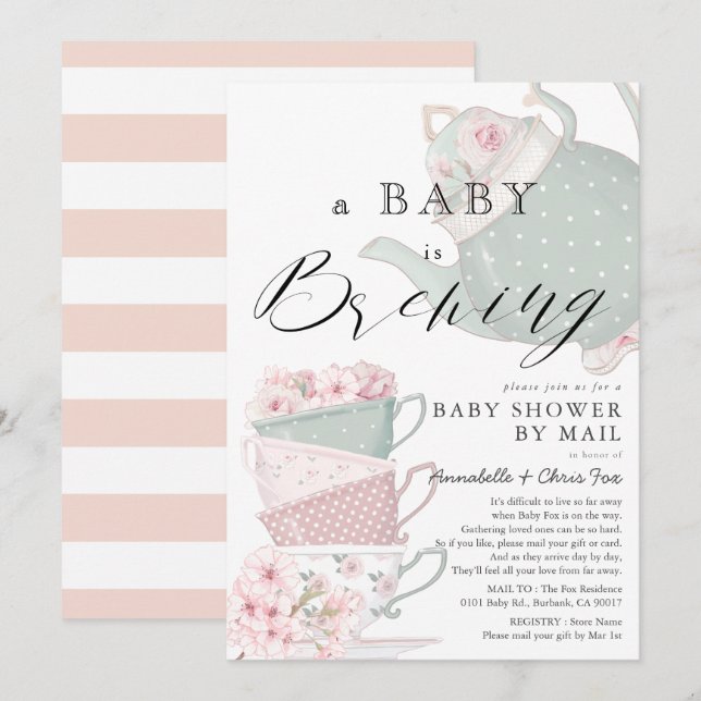 Baby Brev Rosa Tea Party Baby Shower med post Inbjudningar (Fram/baksida)