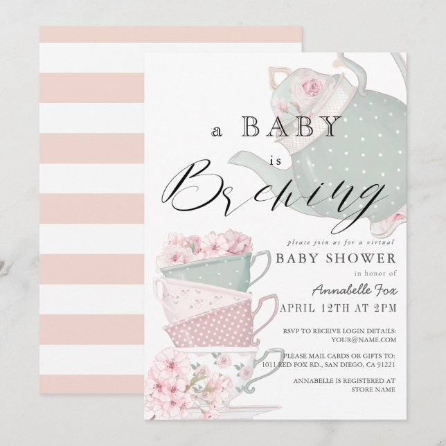 Baby Brev Rosa Tea Party Virtuella babyskor för  Inbjudningar (Fram/baksida)
