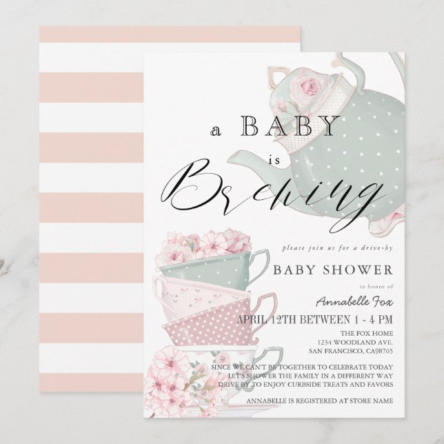 Baby Brewing Rosa Tea Party Drive by Baby Shower Inbjudningar (Fram/baksida)