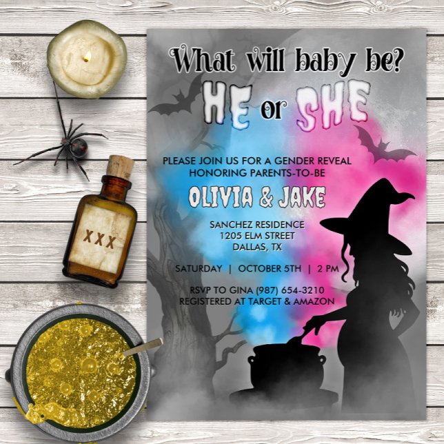 Baby Brewing Spooky Witch Halloween Gender Reveal Inbjudningar (Skapare uppladdad)