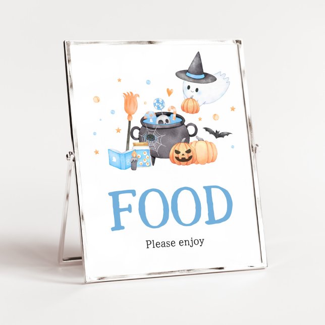 Baby brinner blå halloween-babyskor poster (Baby is Brewing Baby Shower Food Sign)