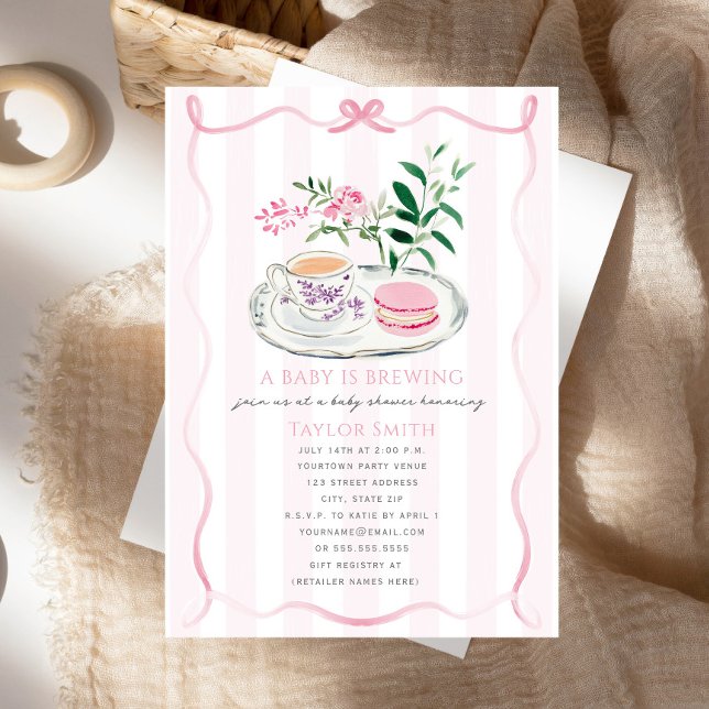 Baby brinner Finare Macaron Rosa Bow Tea Party Inbjudningar (Skapare uppladdad)