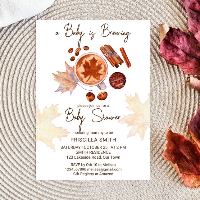 Baby brinner höstbabyduschen inbjudningar (Baby is brewing fall themed baby shower template invitation digital download cup of tea spices maple)