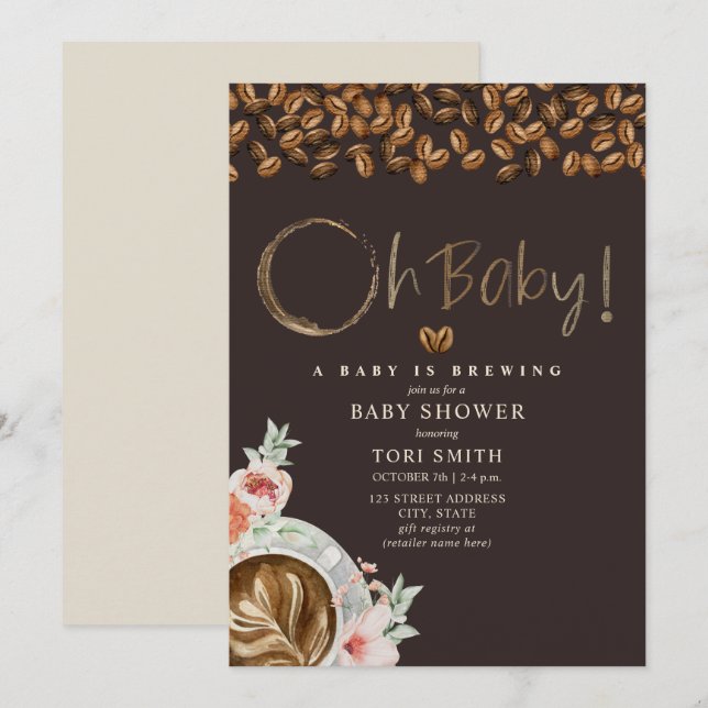 Baby brinner Oj Baby Mörk Kaffe Blommigt Shower Inbjudningar (Fram/baksida)
