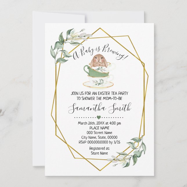 Baby brinner Påsk Tea Greenery Shower inbjudan (Framsida)