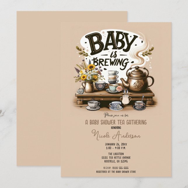 Baby brinner Rustic Tea Kettle Peach Shower Inbjudningar (Fram/baksida)