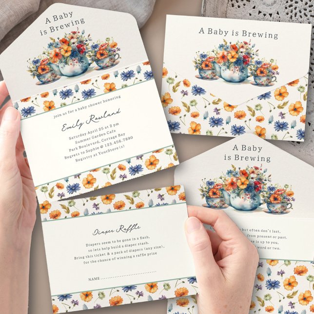 Baby brinner Tekanna och Tekopp Babyskor (Trifold Baby Shower Invitation. All-in-One design with book request + tear-off Diaper Raffle Ticket)