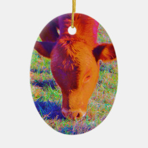 Baby Brown Cow ansikte. RAINBOW GRASS Julgransprydnad Keramik