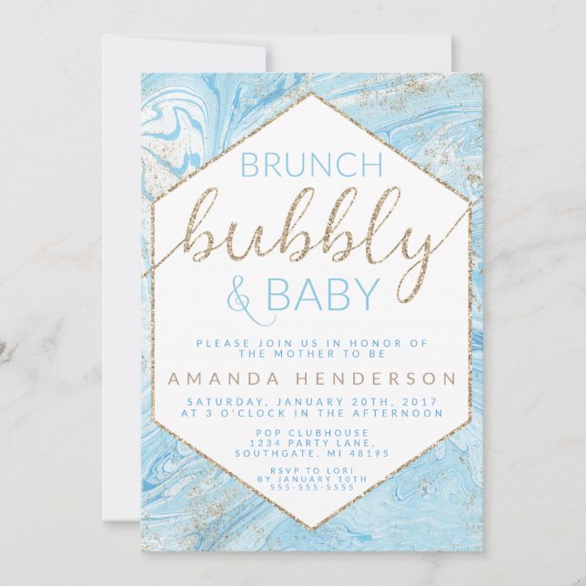 Baby Brunch Blå Marmor Baby Shower Inbjudan (Framsida)