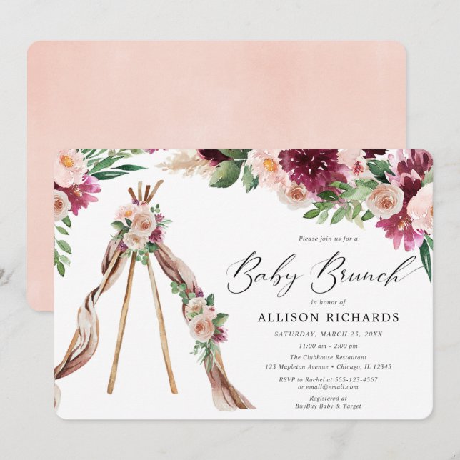Baby brunch boho rustic fall blommigt Flickdusch Inbjudningar (Fram/baksida)