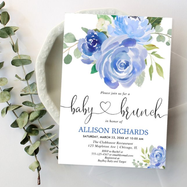 Baby brunch-pojkens duschblåa blommigt vattenfärge inbjudningar (Skapare uppladdad)