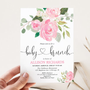 Baby brunch rosa blommigt vattenfärger i inbjudningar