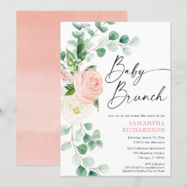 Baby brunch  rosa Greenery blommigt Flickdusch Inbjudningar