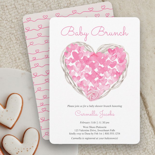 Baby Brunch Rosa Hearts Rustic Girl Baby Shower Inbjudningar (Baby Brunch Rustic Pink Heart Baby Shower Invitation)