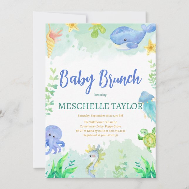 Baby Brunch under Sea Blue Grönt Baby Shower Inbjudningar (Framsida)