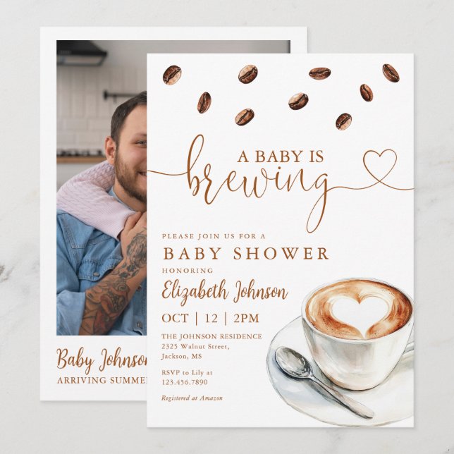 Baby brygger kaffe Foto QR-kod dusch Inbjudningar (Fram/baksida)
