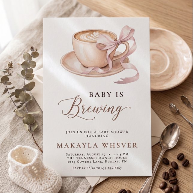 Baby brygger kaffe Rosa båge Flicka Barnkalas Inbjudningar (Skapare uppladdad)