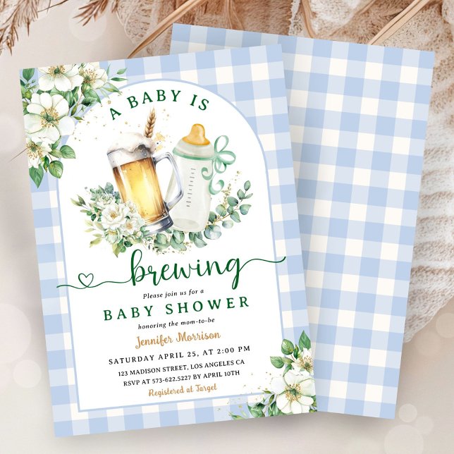 Baby brygger öl Baby Shower Pojke Blå Gingham Inbjudningar (Skapare uppladdad)