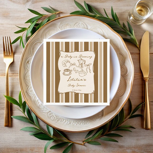 Baby brygger retro-ränder kaffe baby shower  pappersservett (Baby is brewing retro vintage brown stripes coffee baby shower personalized napkins napkins)