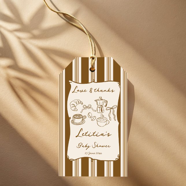 Baby brygger retro-randig kaffe baby shower  presentetikett (Baby is brewing brown vintage stripes hand drawn coffee baby shower personalized favor gift tags)