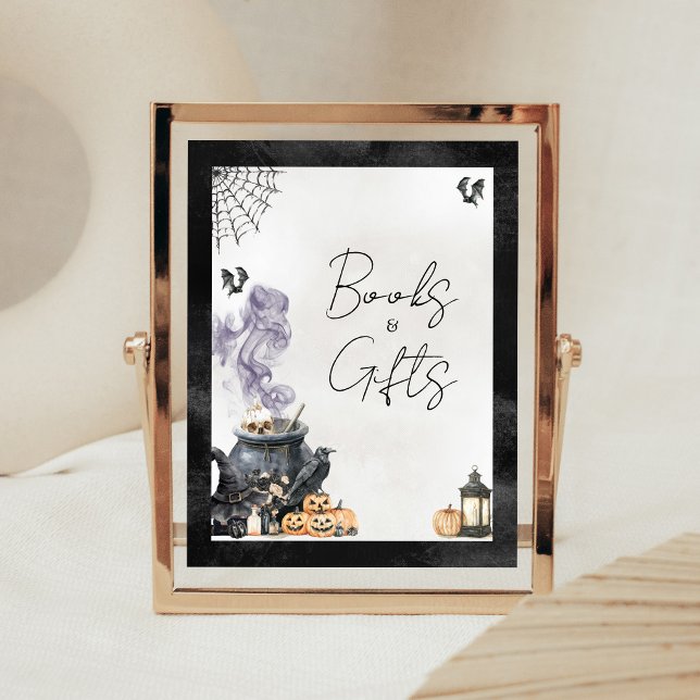 Baby bryggs Häxgryta Böcker och Present Skylt (A Baby is Brewing Halloween Baby Shower Books and Gifts Sign)