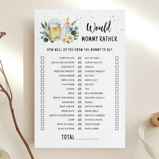 Baby bryggs - skulle mamman hellre spela rosa (Greenery and Beer Baby Brewing Baby Shower Would Mommy Rather Game)