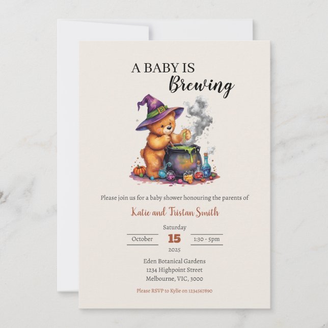 Baby bryter Halloween-Nallen och Cauldron Inbjudningar (Framsida)