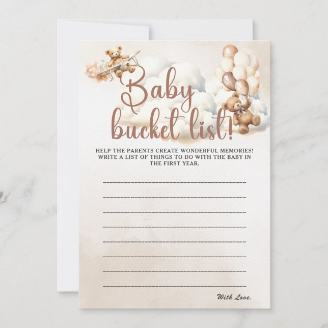 BABY BUCKET LIST Baby Shower Game Cute Bear Inbjudningar (Framsida)