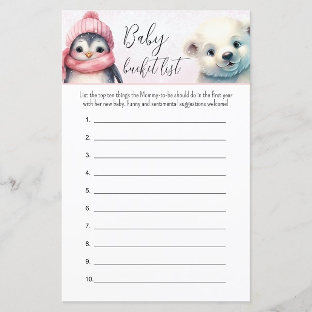 Baby Bucket List Rosa Winter Girl Baby Shower Game (Framsida)