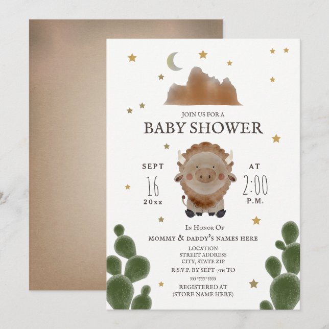 Baby Buffalo Mountain Cactus Stars Baby Shower Inbjudningar (Fram/baksida)