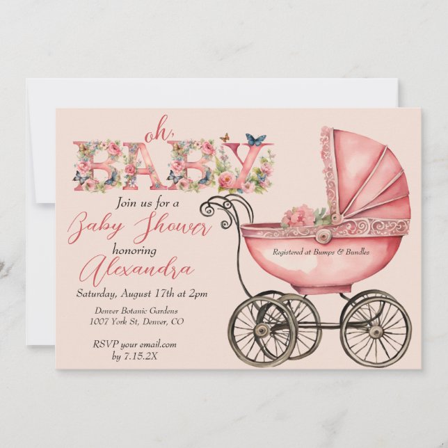 Baby Buggy Girl Baby Shower Inbjudningar (Framsida)
