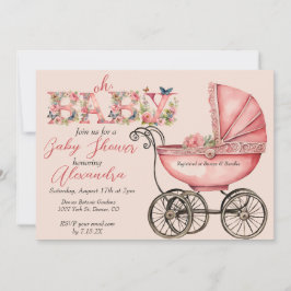 Baby Buggy Girl Baby Shower Inbjudningar