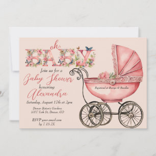 Baby Buggy Girl Baby Shower Inbjudningar