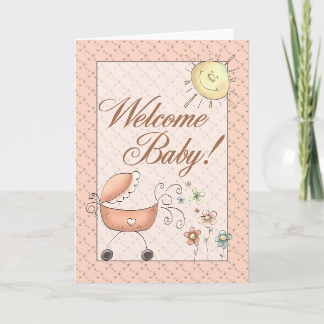Baby Buggy Subtle Blommigt Välkommen Baby Kort (Framsida)