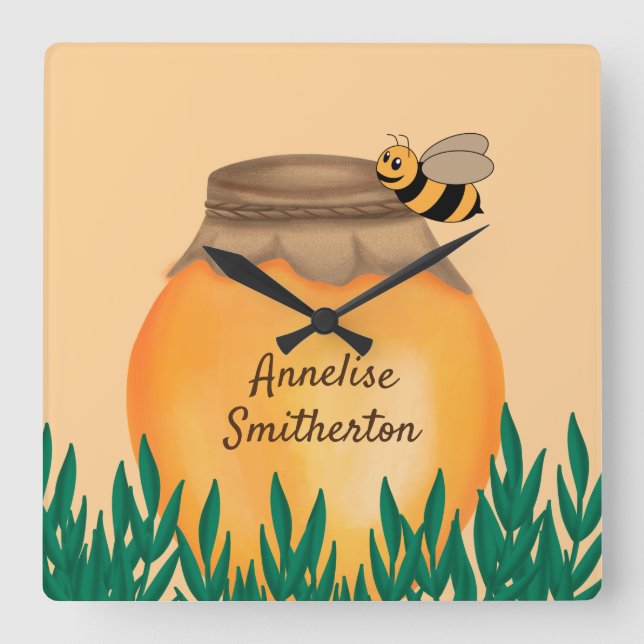 Baby Bumblebee and Honeypot Gult Child's Nursery Fyrkantig Klocka (Framsida)