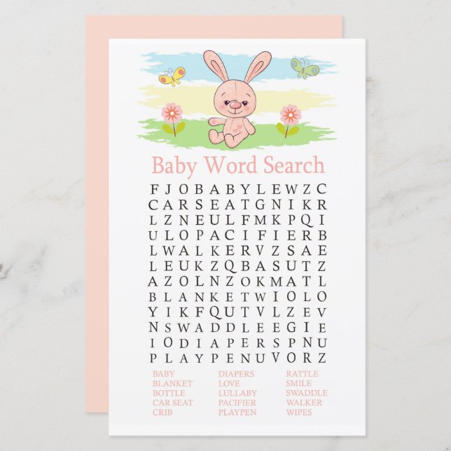 Baby bunny Baby Shower Ord Search Game (Fram/baksida)