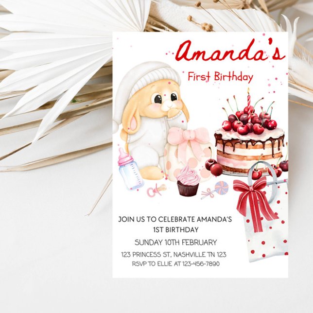 Baby Bunny & Cake Girl’s 1st Birthday Party  Inbjudningar (Skapare uppladdad)