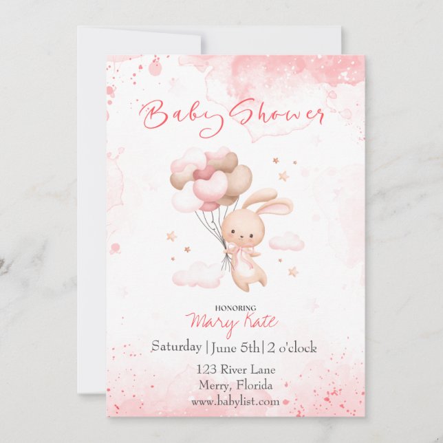 Baby Bunny med ballonger flicka Inbjudningar (Framsida)