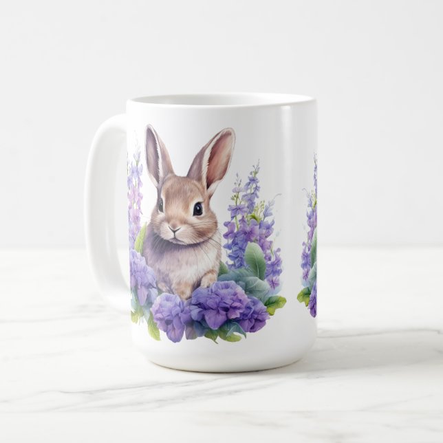Baby bunny med lila blommor 15 oz kaffe mugg (Framsida vänster)