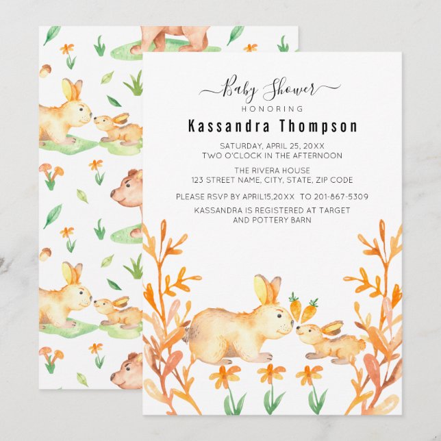 Baby Bunny med Mor-dangling Carrot Baby Shower Inbjudningar (Fram/baksida)