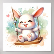 Baby Bunny Nursery Watercolor Rabbit on Swing