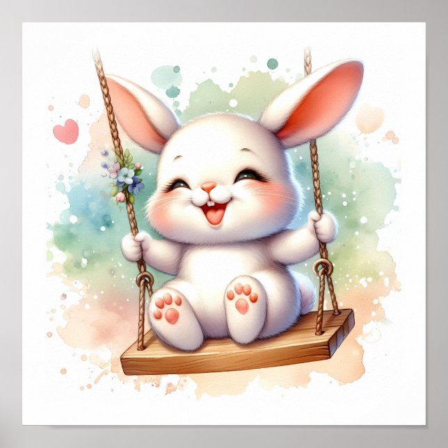 Baby Bunny Nursery Watercolor Rabbit on Swing Poster (Framsidan)