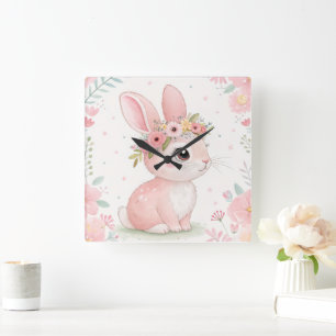 Baby Bunny Princess med blomkrona – Mjuk rosa Fyrkantig Klocka