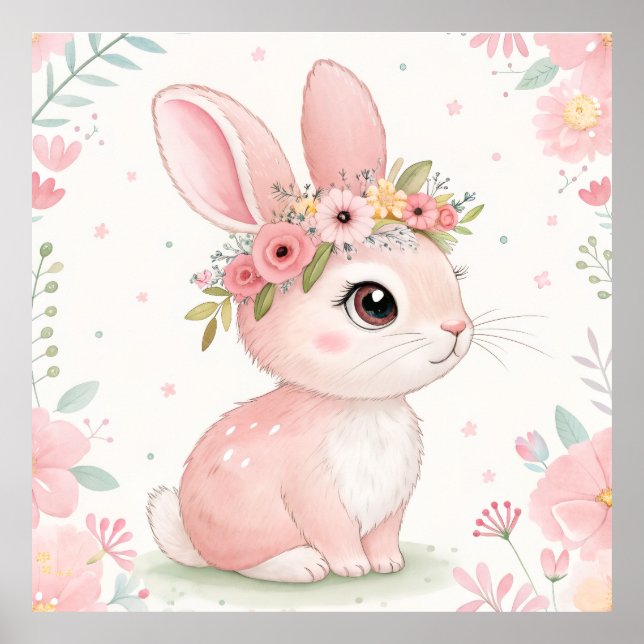 Baby Bunny Princess med blomkrona – Mjuk rosa Poster (Framsidan)
