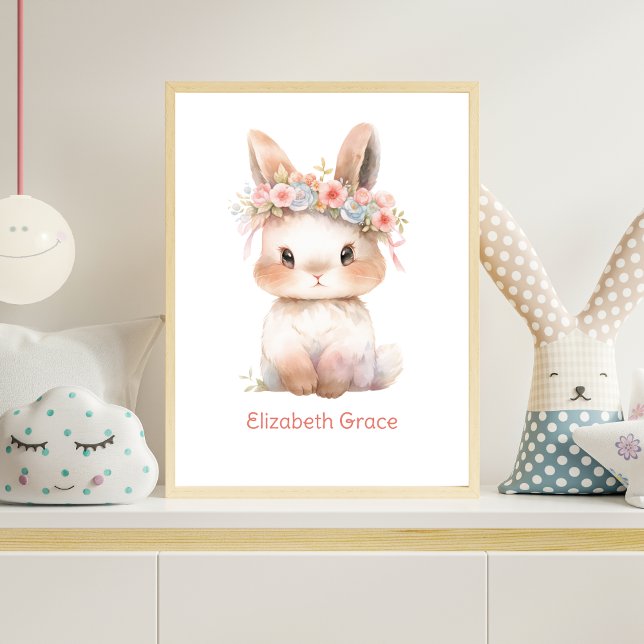 Baby Bunny Rosa Blommigt Monogram Nursery Wall Art Poster (Baby Bunny Pink Flowers on head watercolor Nursery Wall Art, Monogram with babies name or other text)